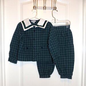 Vintage MONDAYS CHILD Blue Green Plaid 2pc Boys Outfit Sailor Collar Puff Pant